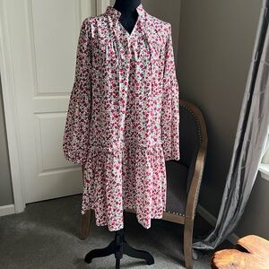 White and Pink Long Sleeve Sundress with Mandarin Collar